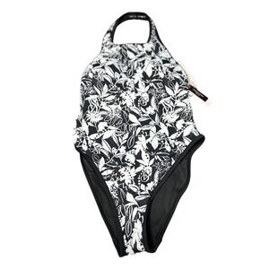 Victoria's Secret One Piece Swimsuit Black White Floral Halter‎ Neck Size M